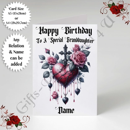 A5 or A4 Personalised Greeting Card - Gothic Heart - Happy Birthday - Any Relation & Name - D.1