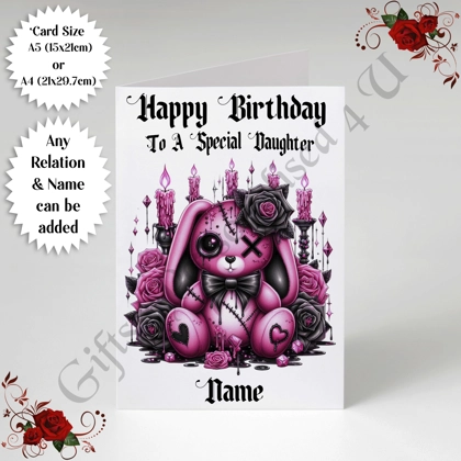 A5 or A4 Personalised Greeting Card - Gothic Bunny - Happy Birthday - Any Relation & Name - D.1