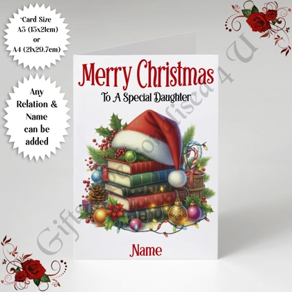 A5 or A4 Personalised Card - Merry Christmas - Book Lover - Any Relation & Name - D.1 A5 or A4 Personalised Card - Merry Christmas - Book Lover - Any Relation & Name - D.1