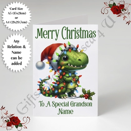 A5 or A4 Personalised Card - Merry Christmas - Dinosaur - Any Relation & Name - D.1 A5 or A4 Personalised Card - Merry Christmas - Dinosaur - Any Relation & Name - D.1