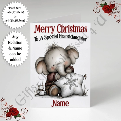 A5 or A4 Personalised Card - Merry Christmas - Elephant - Any Relation & Name - D.1