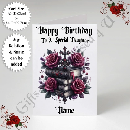 A5 or A4 Personalised Greeting Card - Gothic Books - Happy Birthday - Any Relation & Name - D.1