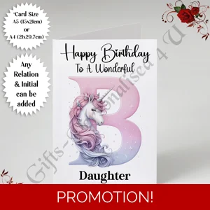 A5 or A4 Personalised Card - Happy Birthday - Unicorn - Any Relation & Initial - D.2