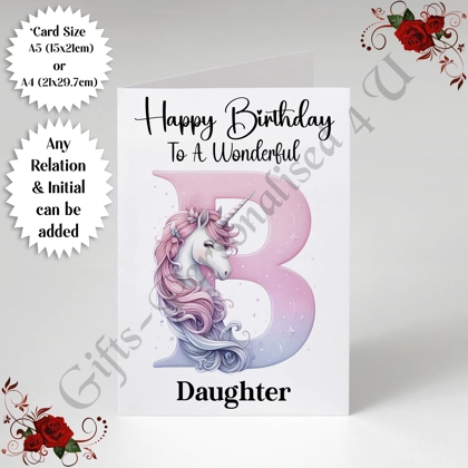A5 or A4 Personalised Card - Happy Birthday - Unicorn - Any Relation & Initial - D.2 A5 or A4 Personalised Card - Happy Birthday - Unicorn - Any Relation & Initial - D.2