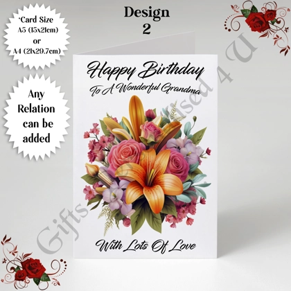 A5 or A4 Personalised Greeting Card - Flowers - Happy Birthday - Any Relation - D.2 A5 or A4 Personalised Greeting Card - Flowers - Happy Birthday - Any Relation - D.2