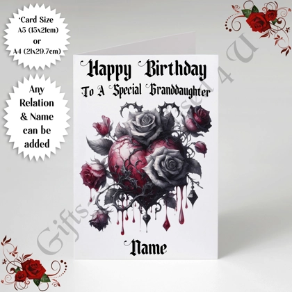 A5 or A4 Personalised Greeting Card - Gothic Heart - Happy Birthday - Any Relation & Name - D.2
