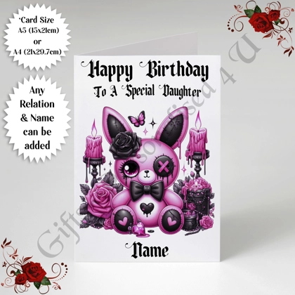 A5 or A4 Personalised Greeting Card - Gothic Bunny - Happy Birthday - Any Relation & Name - D.2