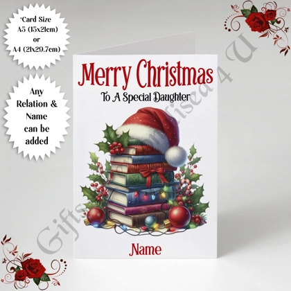 A5 or A4 Personalised Card - Merry Christmas - Book Lover - Any Relation & Name - D.2 A5 or A4 Personalised Card - Merry Christmas - Book Lover - Any Relation & Name - D.2