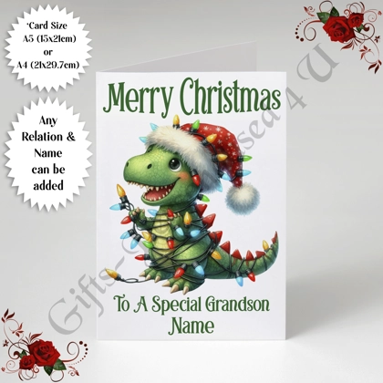A5 or A4 Personalised Card - Merry Christmas - Dinosaur - Any Relation & Name - D.2 A5 or A4 Personalised Card - Merry Christmas - Dinosaur - Any Relation & Name - D.2