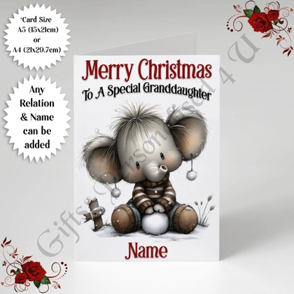 A5 or A4 Personalised Card - Merry Christmas - Elephant - Any Relation & Name - D.2