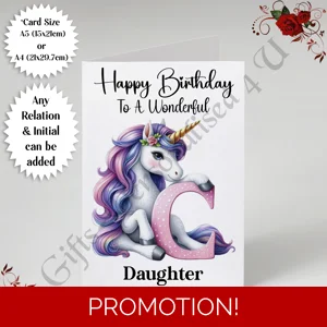 A5 or A4 Personalised Card - Happy Birthday - Unicorn - Any Relation & Initial - D.3