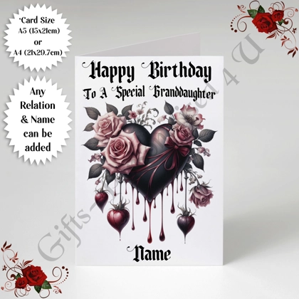 A5 or A4 Personalised Greeting Card - Gothic Heart - Happy Birthday - Any Relation & Name - D.3 A5 or A4 Personalised Greeting Card - Gothic Heart - Happy Birthday - Any Relation & Name - D.3