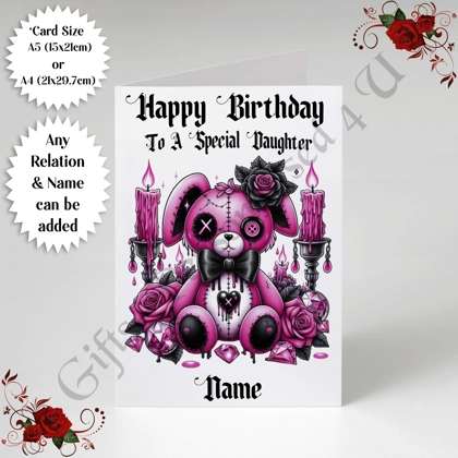 A5 or A4 Personalised Greeting Card - Gothic Bunny - Happy Birthday - Any Relation & Name - D.3