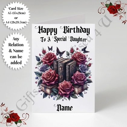 A5 or A4 Personalised Greeting Card - Gothic Books - Happy Birthday - Any Relation & Name - D.3