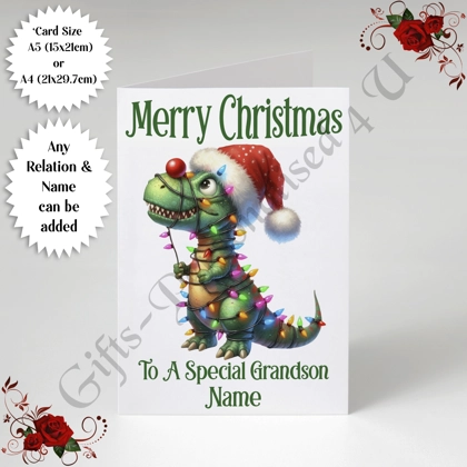 A5 or A4 Personalised Card - Merry Christmas - Dinosaur - Any Relation & Name - D.3 A5 or A4 Personalised Card - Merry Christmas - Dinosaur - Any Relation & Name - D.3