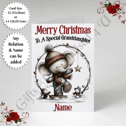 A5 or A4 Personalised Card - Merry Christmas - Elephant - Any Relation & Name - D.3