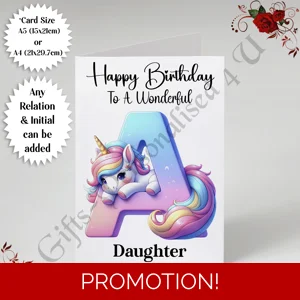A5 or A4 Personalised Card - Happy Birthday - Unicorn - Any Relation & Initial - D.4