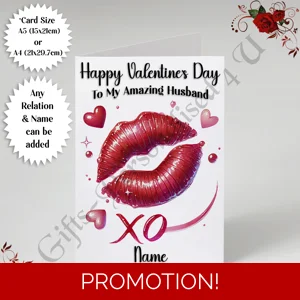 A5 or A4 Personalised Card - Happy Valentine's Day - Kisses - Any Relation & Name - D.4
