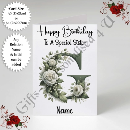 A5 or A4 Personalised Greeting Card - Happy Birthday - Floral - Relation / Name / Initial - D.4 A5 or A4 Personalised Greeting Card - Happy Birthday - Floral - Relation / Name / Initial - D.4