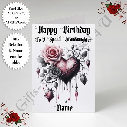 A5 or A4 Personalised Greeting Card - Gothic Heart - Happy Birthday - Any Relation & Name - D.4