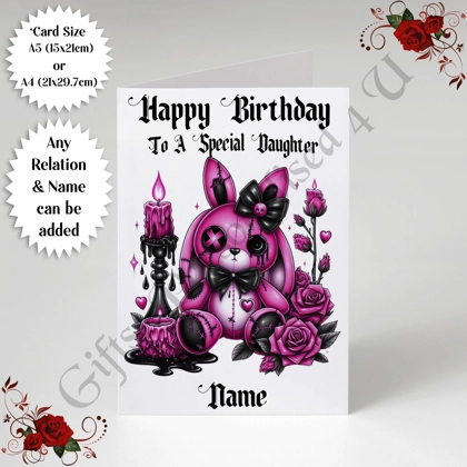 A5 or A4 Personalised Greeting Card - Gothic Bunny - Happy Birthday - Any Relation & Name - D.4