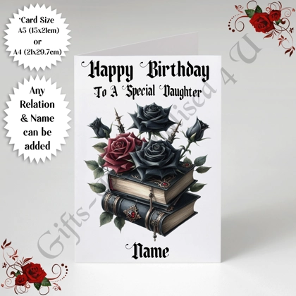 A5 or A4 Personalised Greeting Card - Gothic Books - Happy Birthday - Any Relation & Name - D.4