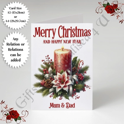 A5 or A4 Personalised Card - Merry Christmas - Candle - Any Relations - D.4 A5 or A4 Personalised Card - Merry Christmas - Candle - Any Relations - D.4