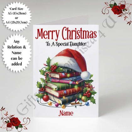 A5 or A4 Personalised Card - Merry Christmas - Book Lover - Any Relation & Name - D.4 A5 or A4 Personalised Card - Merry Christmas - Book Lover - Any Relation & Name - D.4