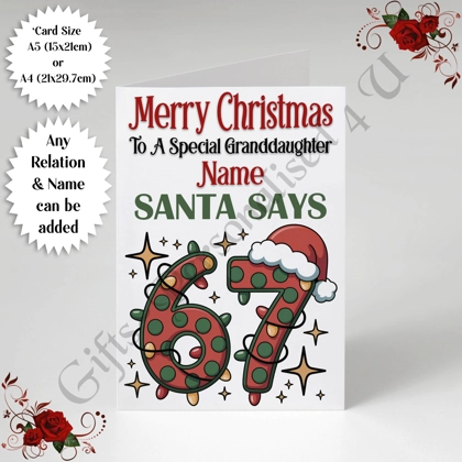 A5 or A4 Personalised Card - Merry Christmas - Santa Says 6 7 - Any Relation / Name - D.4