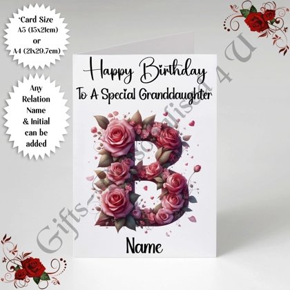 A5 or A4 Personalised Greeting Card - Happy Birthday - Floral - Relation / Name / Initial - D.5 A5 or A4 Personalised Greeting Card - Happy Birthday - Floral - Relation / Name / Initial - D.5