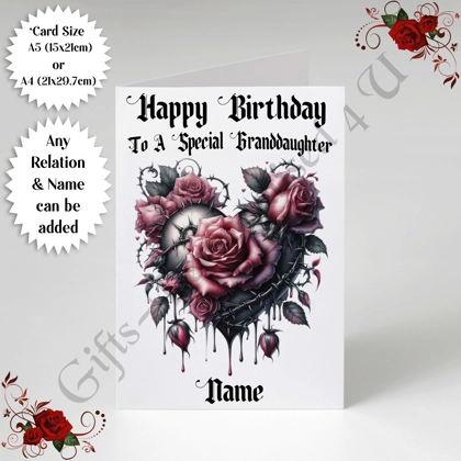 A5 or A4 Personalised Greeting Card - Gothic Heart - Happy Birthday - Any Relation & Name - D.5