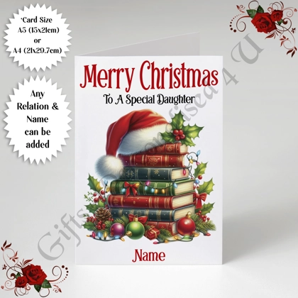 A5 or A4 Personalised Card - Merry Christmas - Book Lover - Any Relation & Name - D.5 A5 or A4 Personalised Card - Merry Christmas - Book Lover - Any Relation & Name - D.5