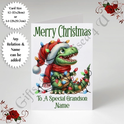 A5 or A4 Personalised Card - Merry Christmas - Dinosaur - Any Relation & Name - D.5 A5 or A4 Personalised Card - Merry Christmas - Dinosaur - Any Relation & Name - D.5
