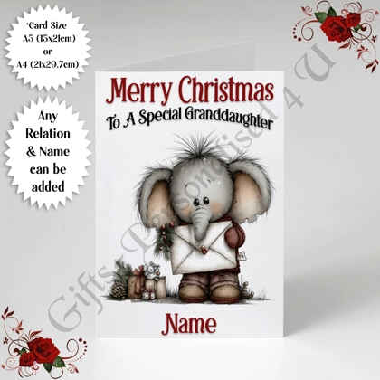 A5 or A4 Personalised Card - Merry Christmas - Elephant - Any Relation & Name - D.5