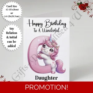 A5 or A4 Personalised Card - Happy Birthday - Unicorn - Any Relation & Initial - D.6