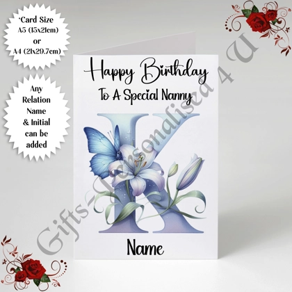 A5 or A4 Personalised Greeting Card - Happy Birthday - Floral - Relation / Name / Initial - D.6 A5 or A4 Personalised Greeting Card - Happy Birthday - Floral - Relation / Name / Initial - D.6