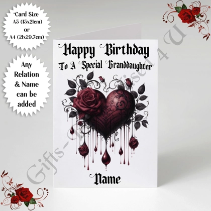 A5 or A4 Personalised Greeting Card - Gothic Heart - Happy Birthday - Any Relation & Name - D.6