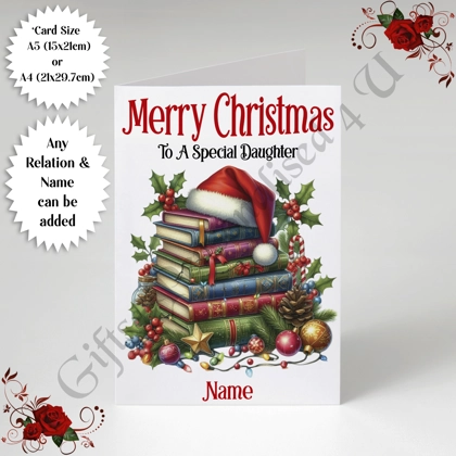 A5 or A4 Personalised Card - Merry Christmas - Book Lover - Any Relation & Name - D.6 A5 or A4 Personalised Card - Merry Christmas - Book Lover - Any Relation & Name - D.6