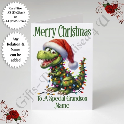 A5 or A4 Personalised Card - Merry Christmas - Dinosaur - Any Relation & Name - D.6 A5 or A4 Personalised Card - Merry Christmas - Dinosaur - Any Relation & Name - D.6
