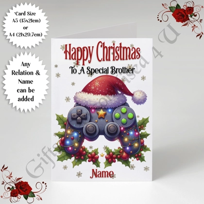 A5 or A4 Personalised Card - Happy Christmas - Gamer Gaming - Any Relation & Name - D.6 A5 or A4 Personalised Card - Happy Christmas - Gamer Gaming - Any Relation & Name - D.6