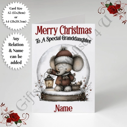 A5 or A4 Personalised Card - Merry Christmas - Elephant - Any Relation & Name - D.6