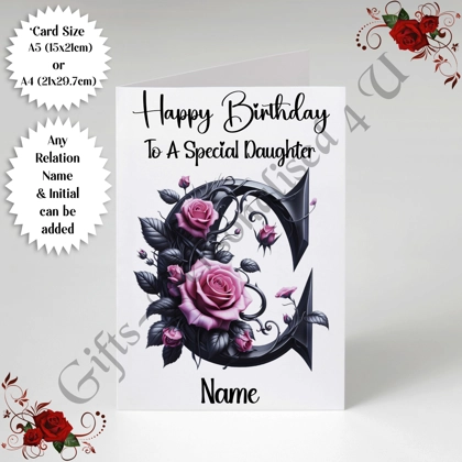 A5 or A4 Personalised Greeting Card - Happy Birthday - Floral - Relation / Name / Initial - D.7 A5 or A4 Personalised Greeting Card - Happy Birthday - Floral - Relation / Name / Initial - D.7