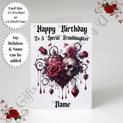 A5 or A4 Personalised Greeting Card - Gothic Heart - Happy Birthday - Any Relation & Name - D.7