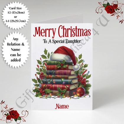 A5 or A4 Personalised Card - Merry Christmas - Book Lover - Any Relation & Name - D.7 A5 or A4 Personalised Card - Merry Christmas - Book Lover - Any Relation & Name - D.7