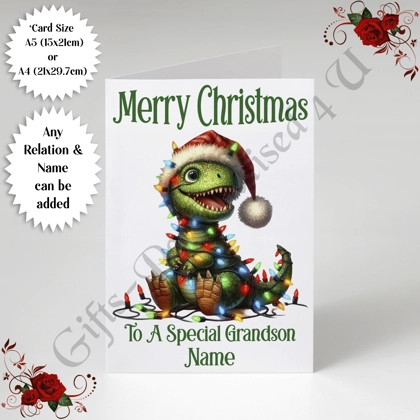 A5 or A4 Personalised Card - Merry Christmas - Dinosaur - Any Relation & Name - D.7 A5 or A4 Personalised Card - Merry Christmas - Dinosaur - Any Relation & Name - D.7