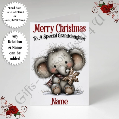 A5 or A4 Personalised Card - Merry Christmas - Elephant - Any Relation & Name - D.7