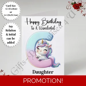 A5 or A4 Personalised Card - Happy Birthday - Unicorn - Any Relation & Initial - D.8