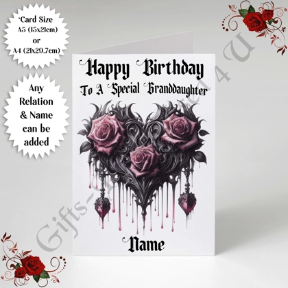 A5 or A4 Personalised Greeting Card - Gothic Heart - Happy Birthday - Any Relation & Name - D.8