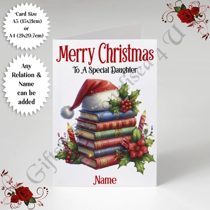 A5 or A4 Personalised Card - Merry Christmas - Book Lover - Any Relation & Name - D.8 A5 or A4 Personalised Card - Merry Christmas - Book Lover - Any Relation & Name - D.8