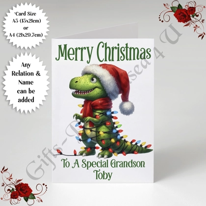 A5 or A4 Personalised Card - Merry Christmas - Dinosaur - Any Relation & Name - D.8 A5 or A4 Personalised Card - Merry Christmas - Dinosaur - Any Relation & Name - D.8